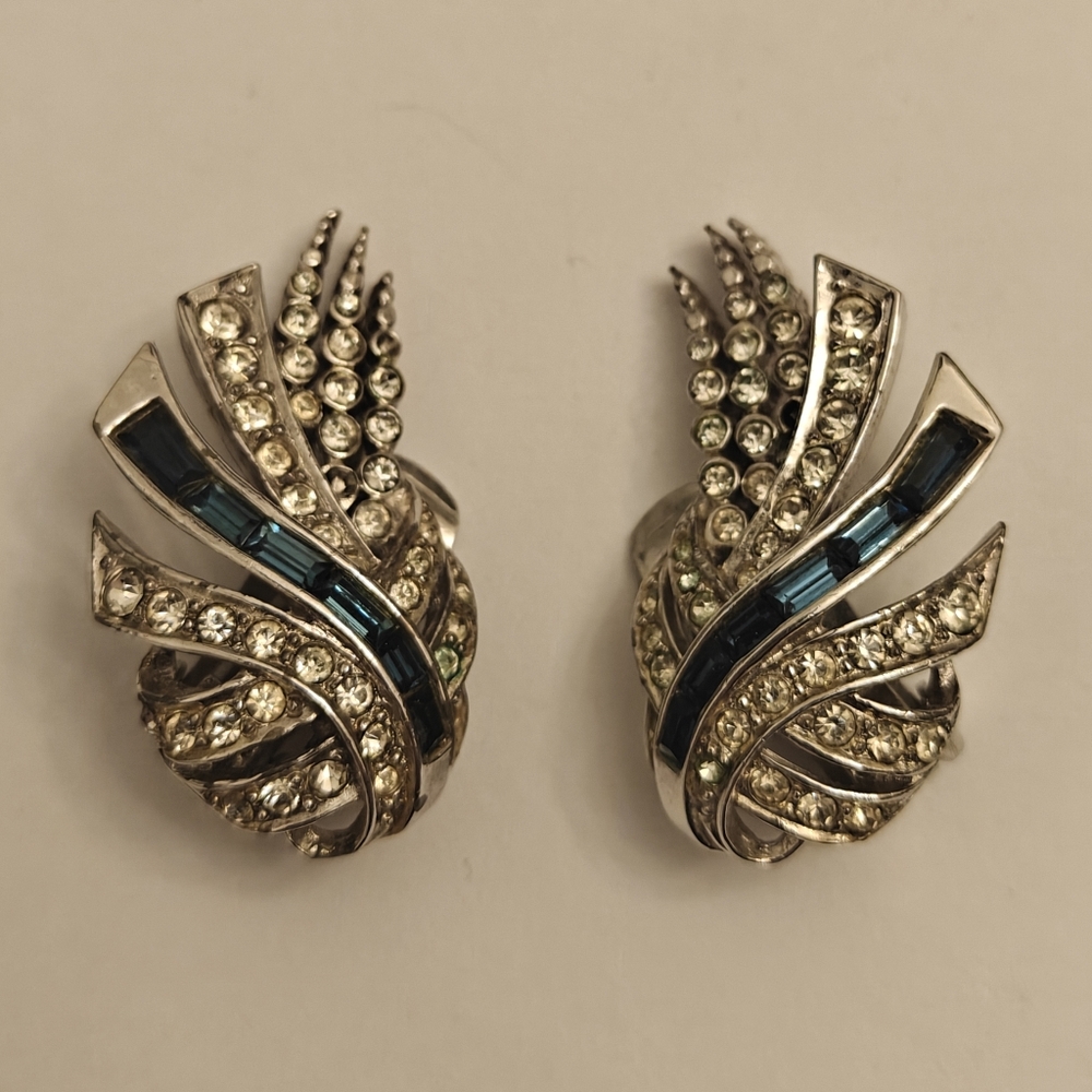 Elegant Signed Boucher Earrings Art Deco Style Silver and Blue Sapphire Crystal